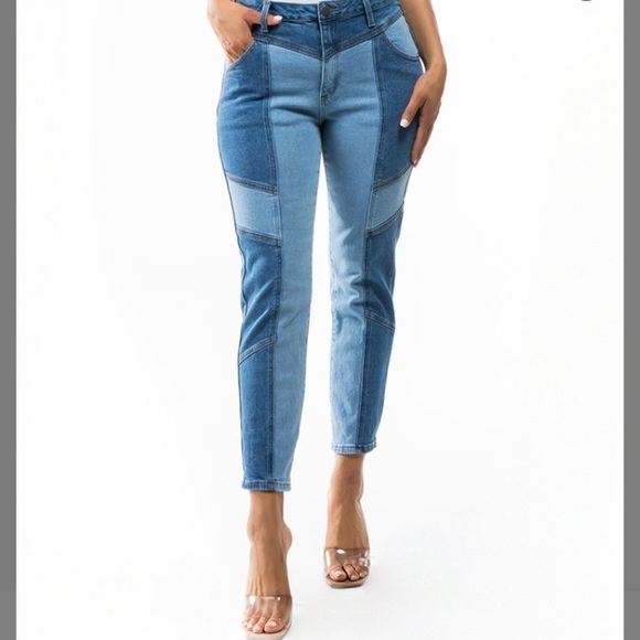 Blue Turtle Denim - Blue Turtle Medium Blue Color-Block Stretch Straight Jeans